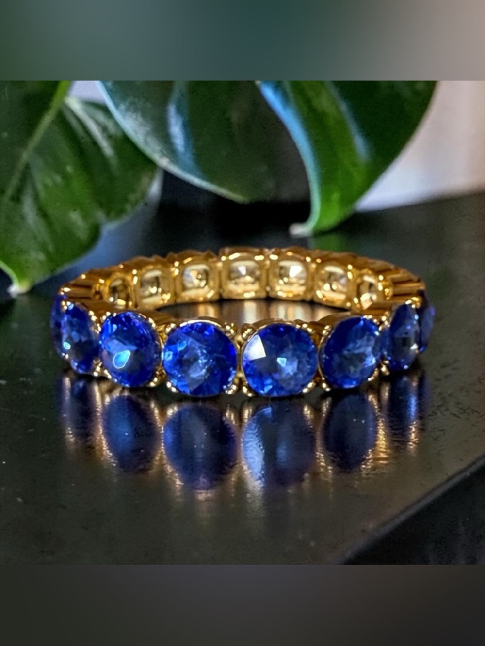 💙💛ON 34TH💙💛Gold-Tone Stretch Bracelet  w/Royal Blue Crystal Rhinestones/NWT